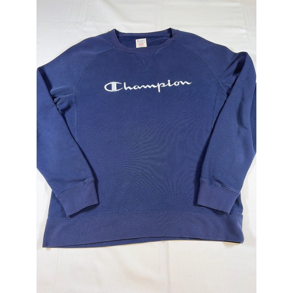 Champion Mens Navy Blue Script Logo Raglan Crewneck Sweatshirt Medium 3911411